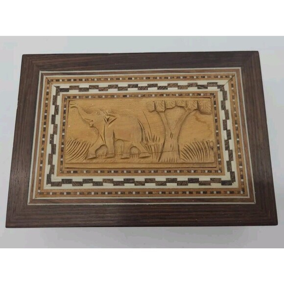 Trinket Box Elephant Tree Wooden Carved Inlaid 5" Box Trinket Box Lined - Picture 1 of 11